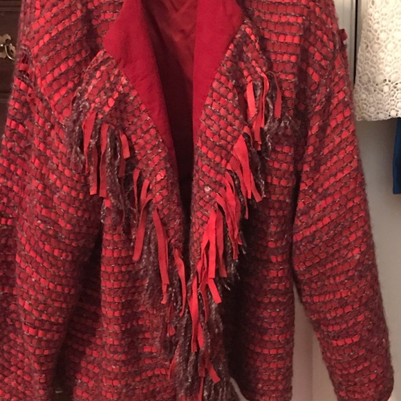 Vintage 80s Woven Red Suede Fringed Jacket, M - Picture 5 of 16